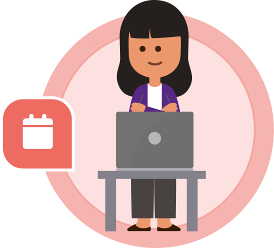 lady at computer and event icon